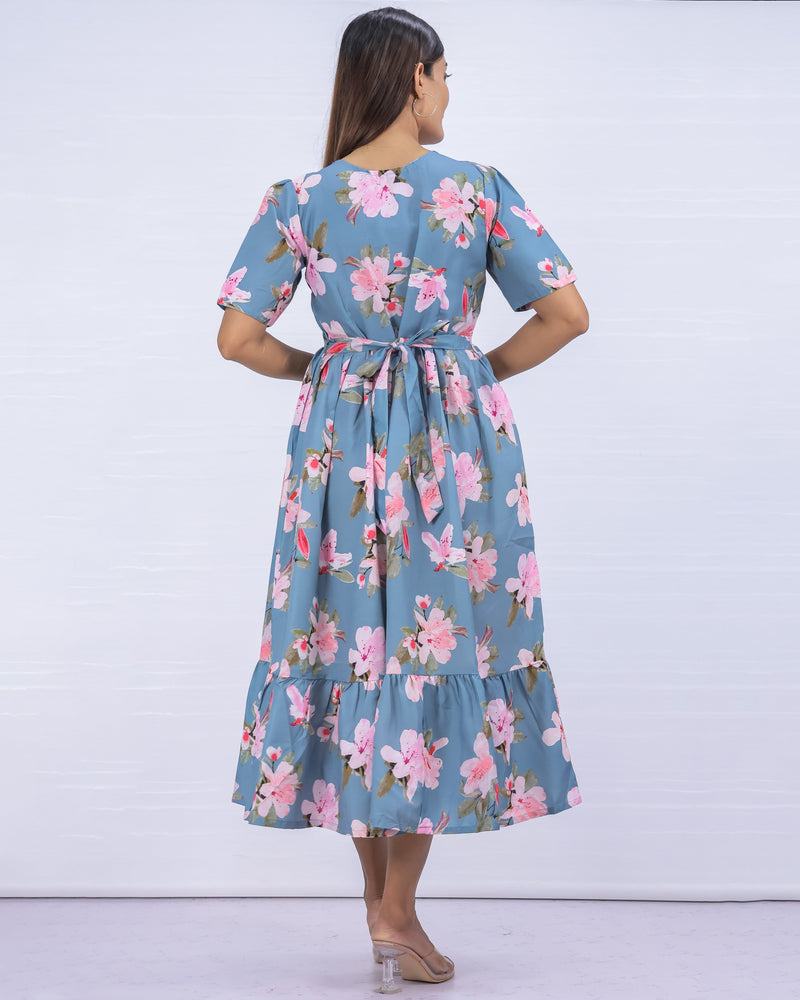 Women's Cotton LIght Blue Maternity Feeding Dress