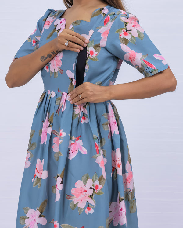 Women's Cotton LIght Blue Maternity Feeding Dress