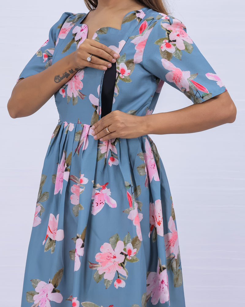 Women's Cotton LIght Blue Maternity Feeding Dress