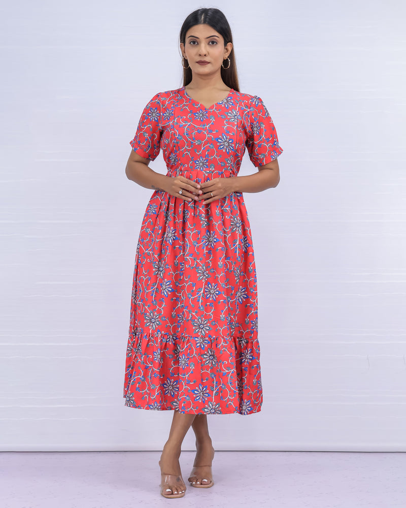 Women's Cotton Peach Maternity Feeding Dress
