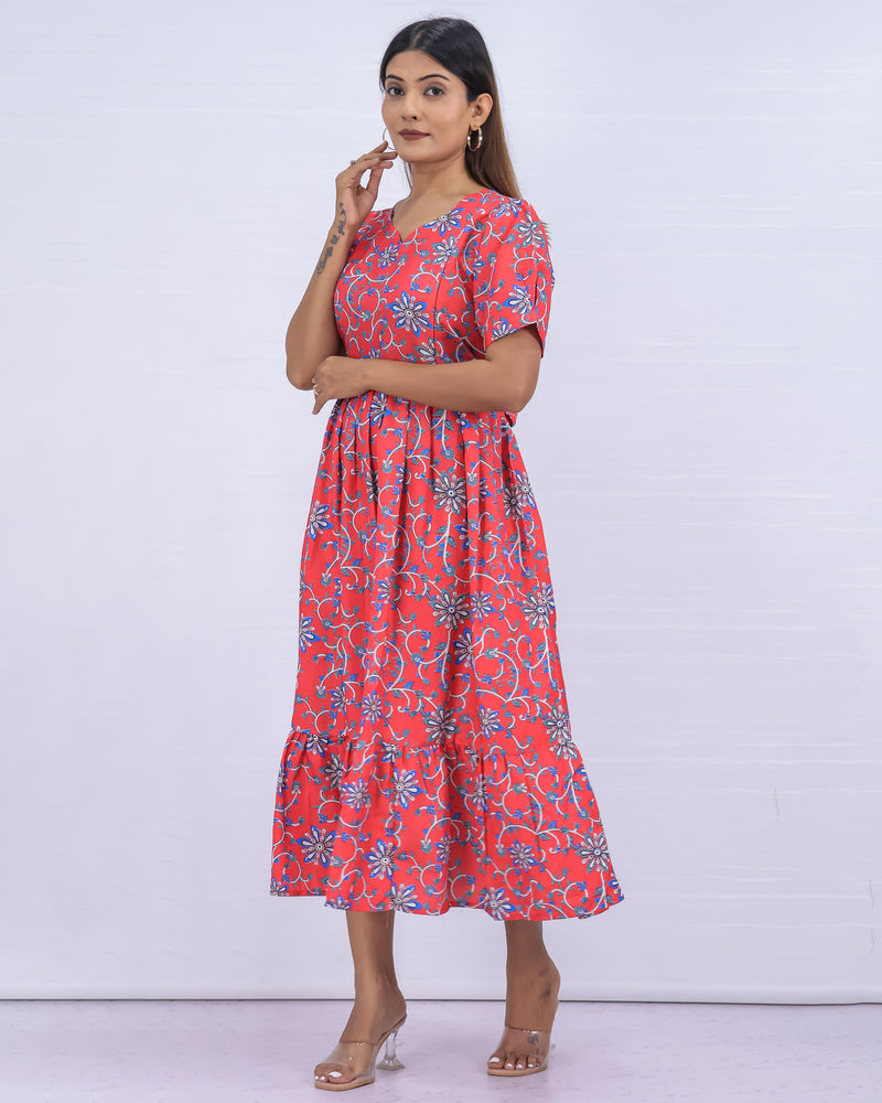 Women's Cotton Peach Maternity Feeding Dress
