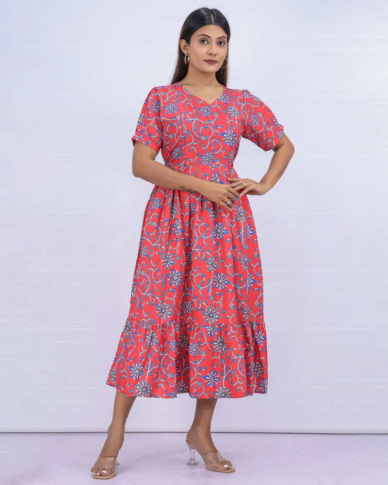 Women's Cotton Peach Maternity Feeding Dress