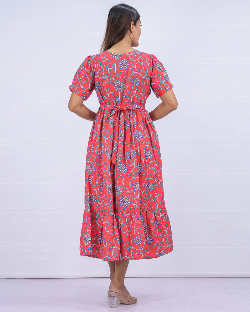 Women's Cotton Peach Maternity Feeding Dress