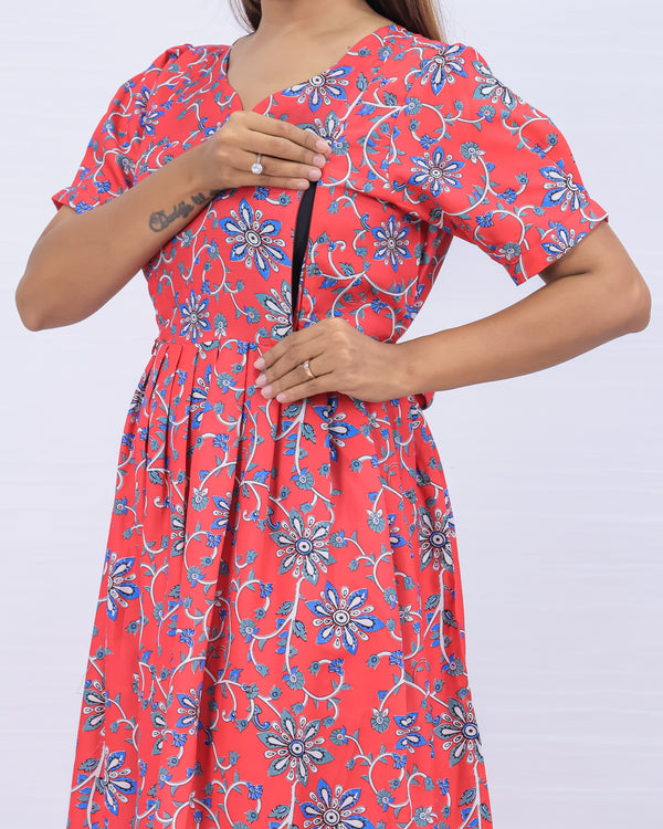 Women's Cotton Peach Maternity Feeding Dress