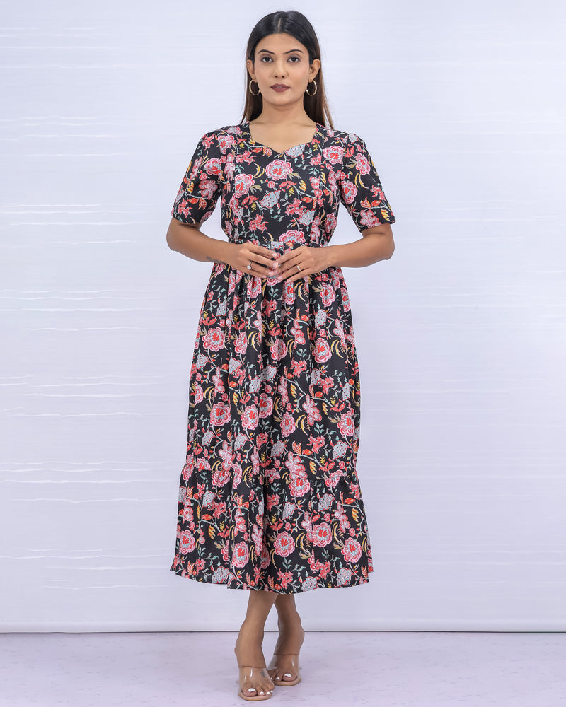 Women's Cotton Black Maternity Feeding Dress