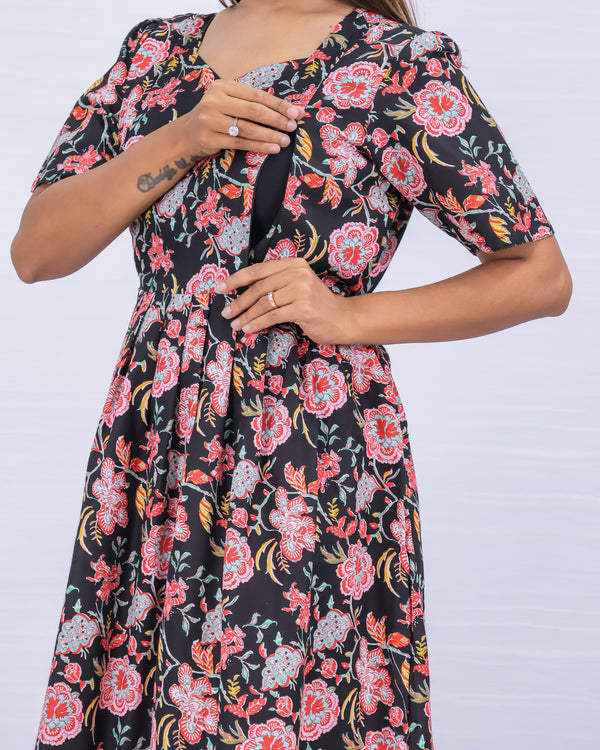 Women's Cotton Black Maternity Feeding Dress