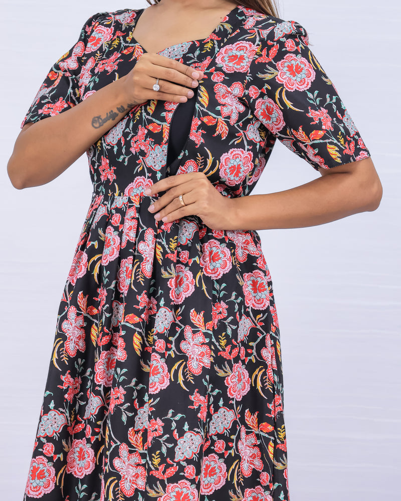 Women's Cotton Black Maternity Feeding Dress