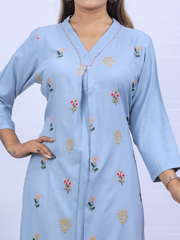 Women Sky Hand Embroidered Kurta with Pant