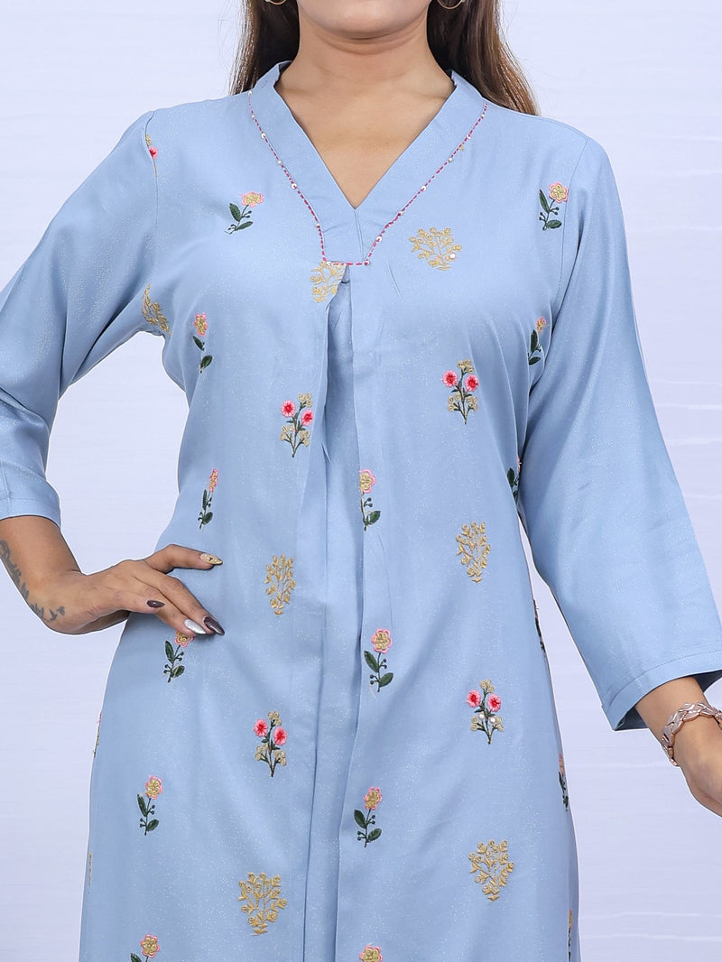 Women Sky Hand Embroidered Kurta with Pant