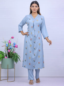 Women Sky Hand Embroidered Kurta with Pant