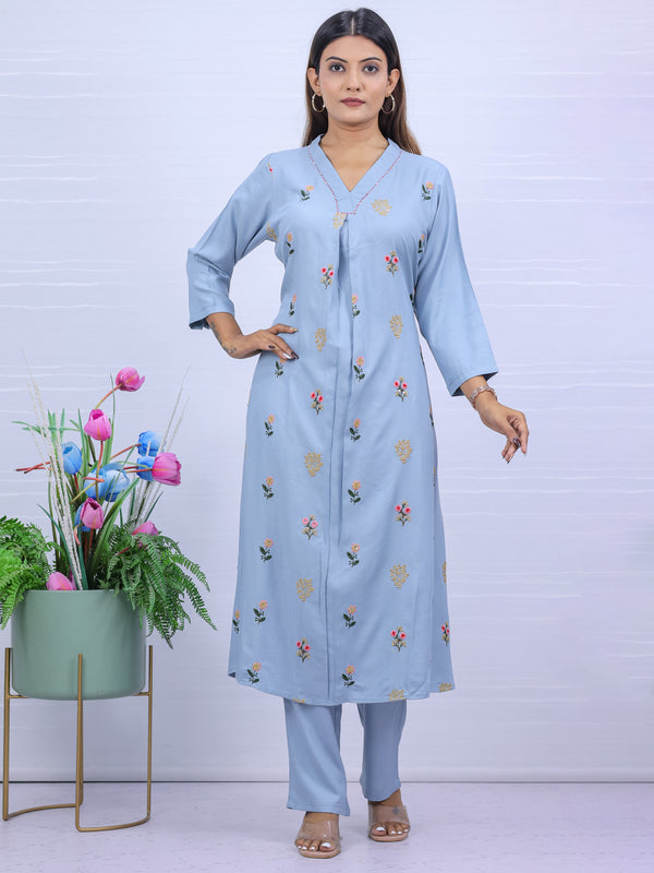 Women Sky Hand Embroidered Kurta with Pant