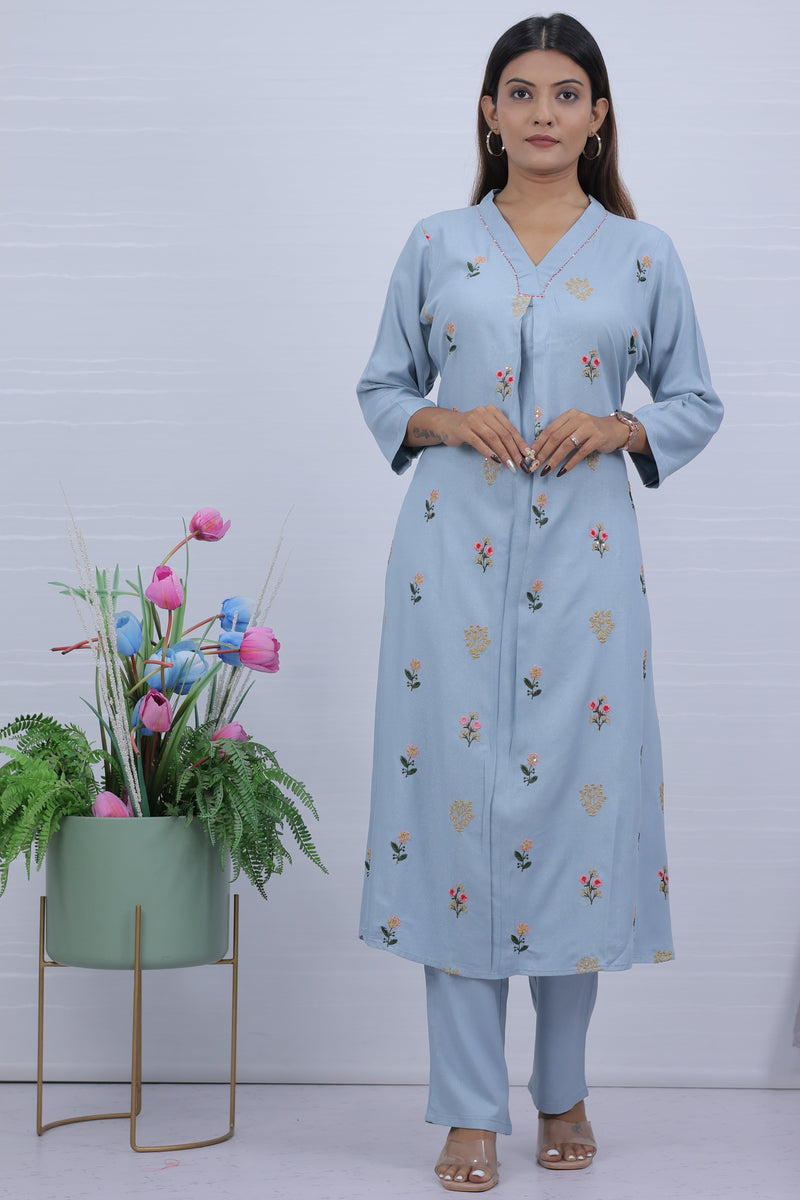 Women Sky Hand Embroidered Kurta with Pant