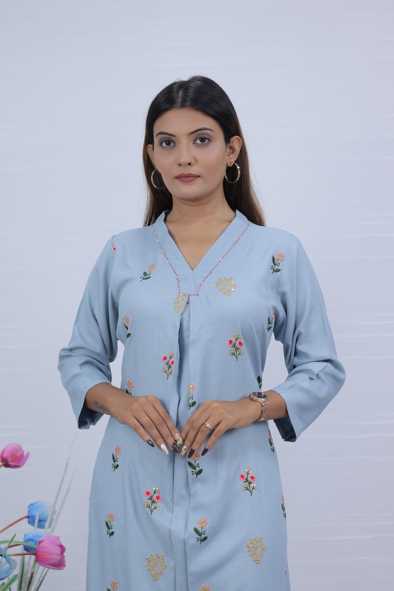 Women Sky Hand Embroidered Kurta with Pant