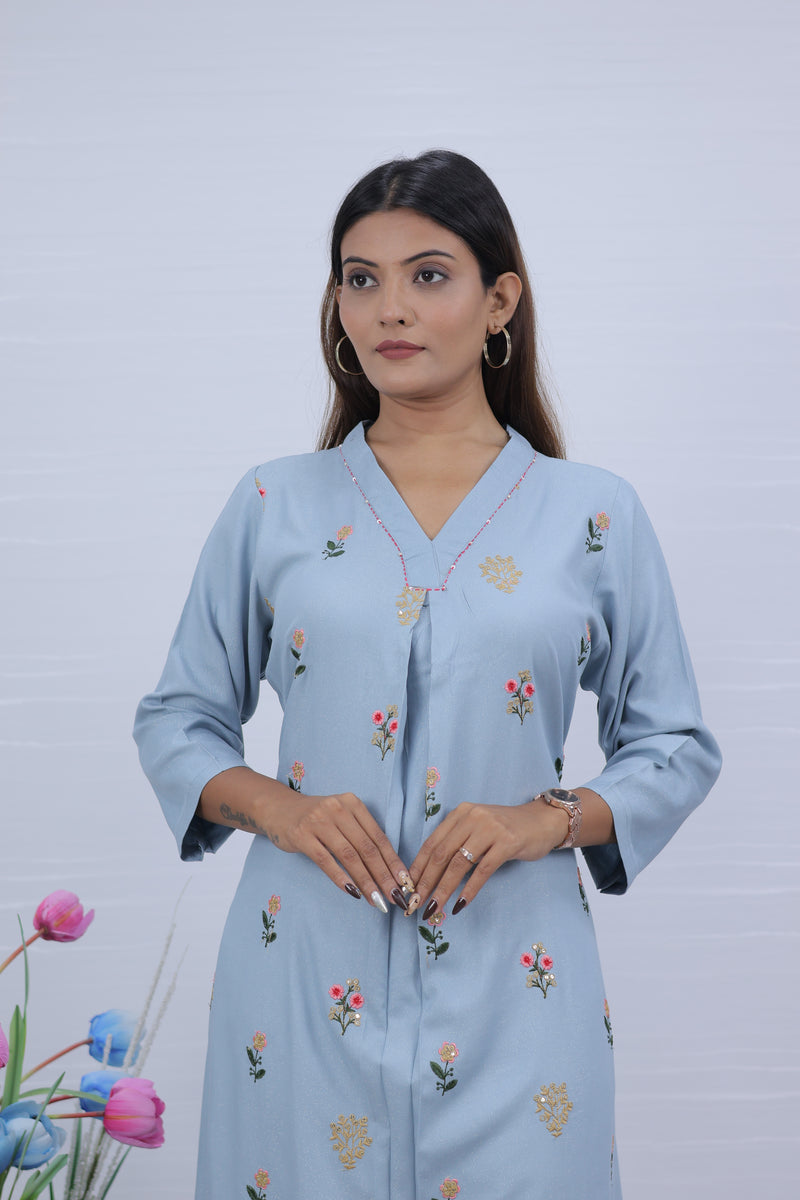 Women Sky Hand Embroidered Kurta with Pant