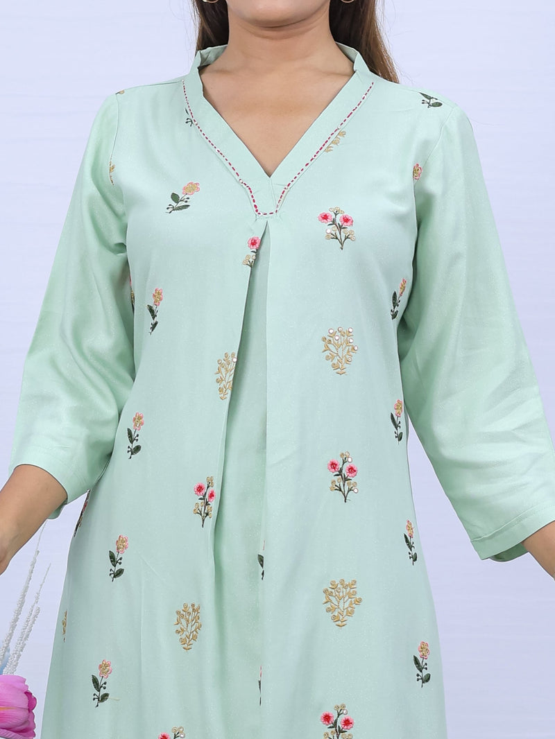 Women Pista Hand Embroidered Kurta with Pant