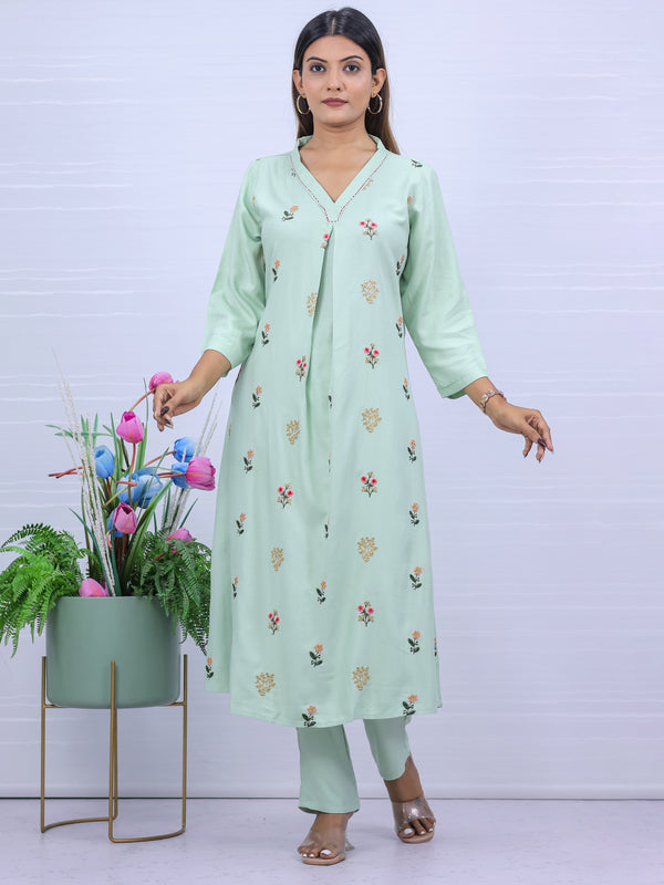 Women Pista Hand Embroidered Kurta with Pant