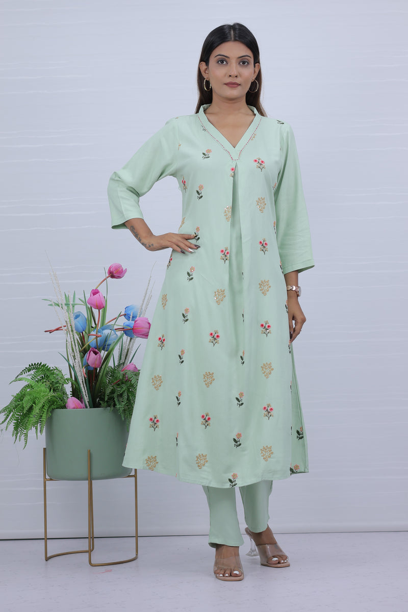 Women Pista Hand Embroidered Kurta with Pant
