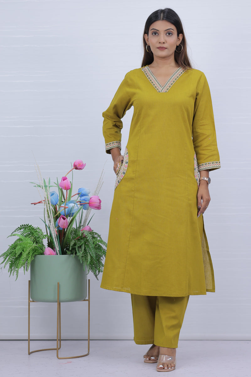 Yellow Cotton Kurti Palzzo Set For Women