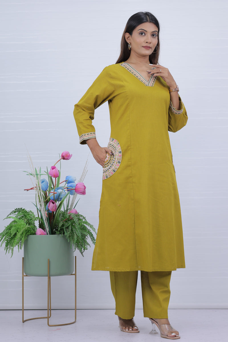 Yellow Cotton Kurti Palzzo Set For Women