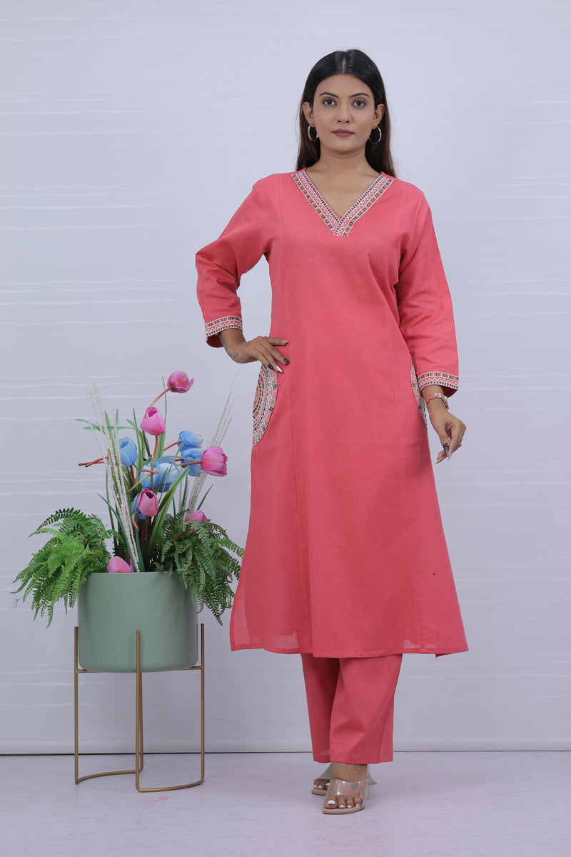 Peach Cotton Kurti Palzzo Set For Women