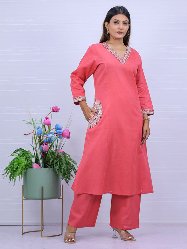 Peach Cotton Kurti Palzzo Set For Women
