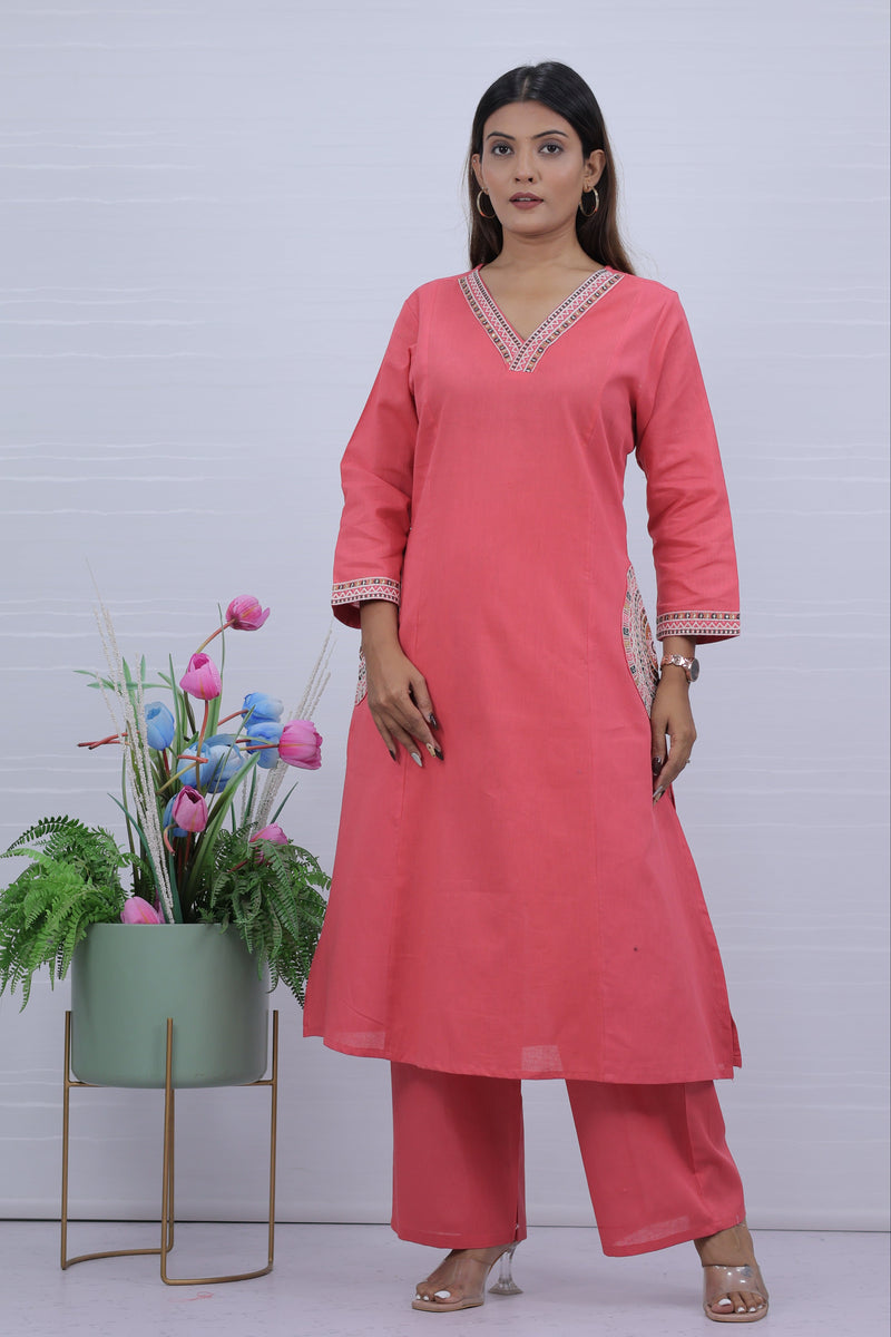 Peach Cotton Kurti Palzzo Set For Women
