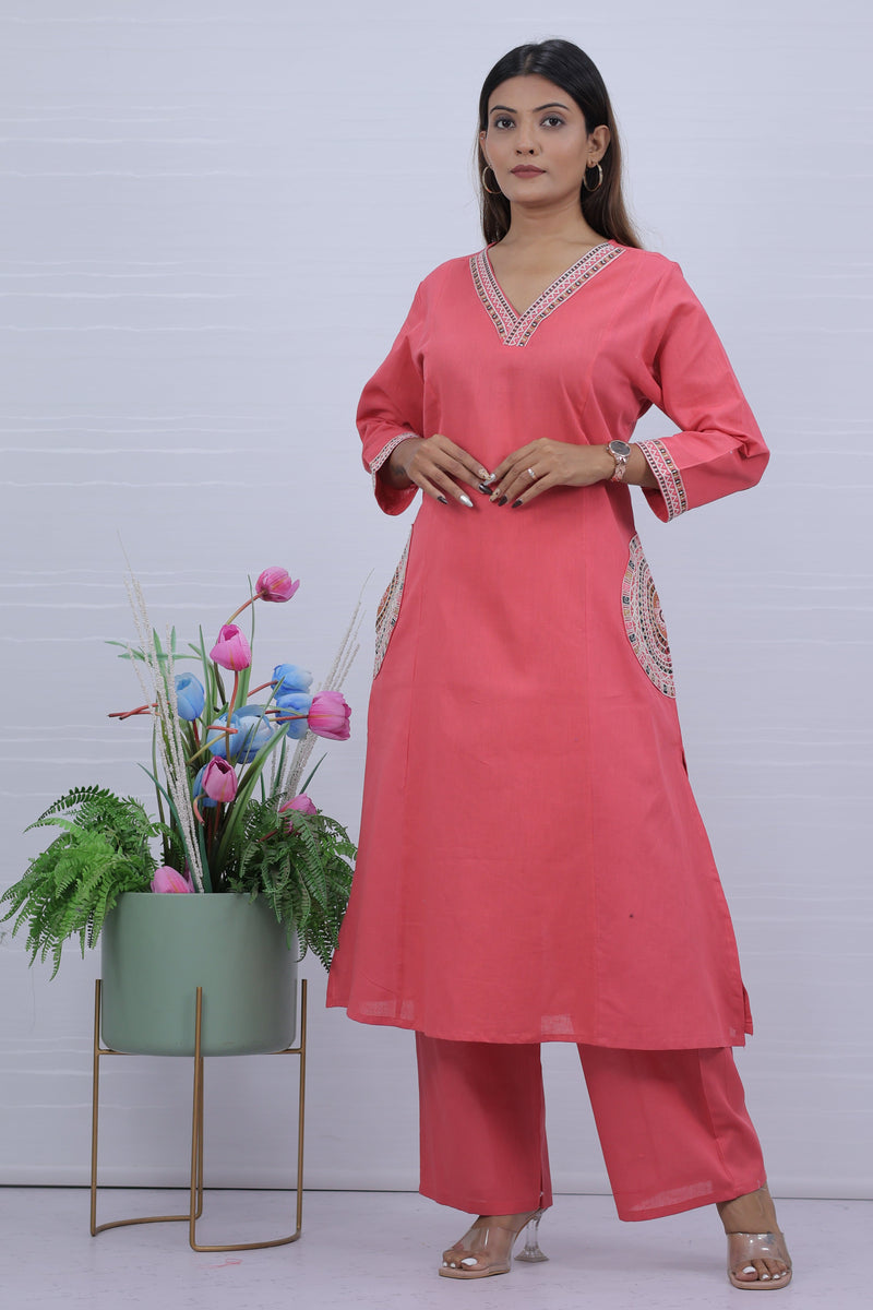 Peach Cotton Kurti Palzzo Set For Women