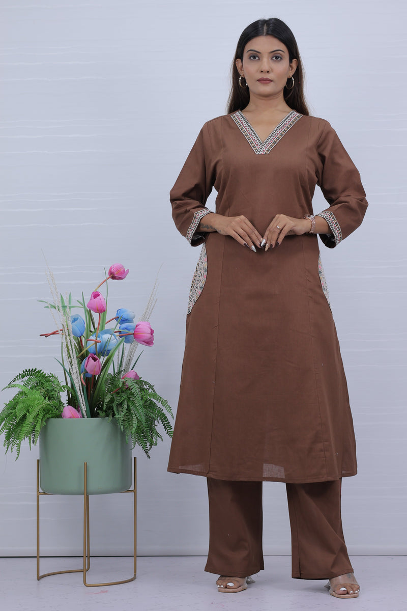 Brown Cotton Kurti Palzzo Set For Women