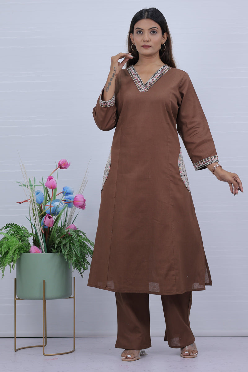 Brown Cotton Kurti Palzzo Set For Women
