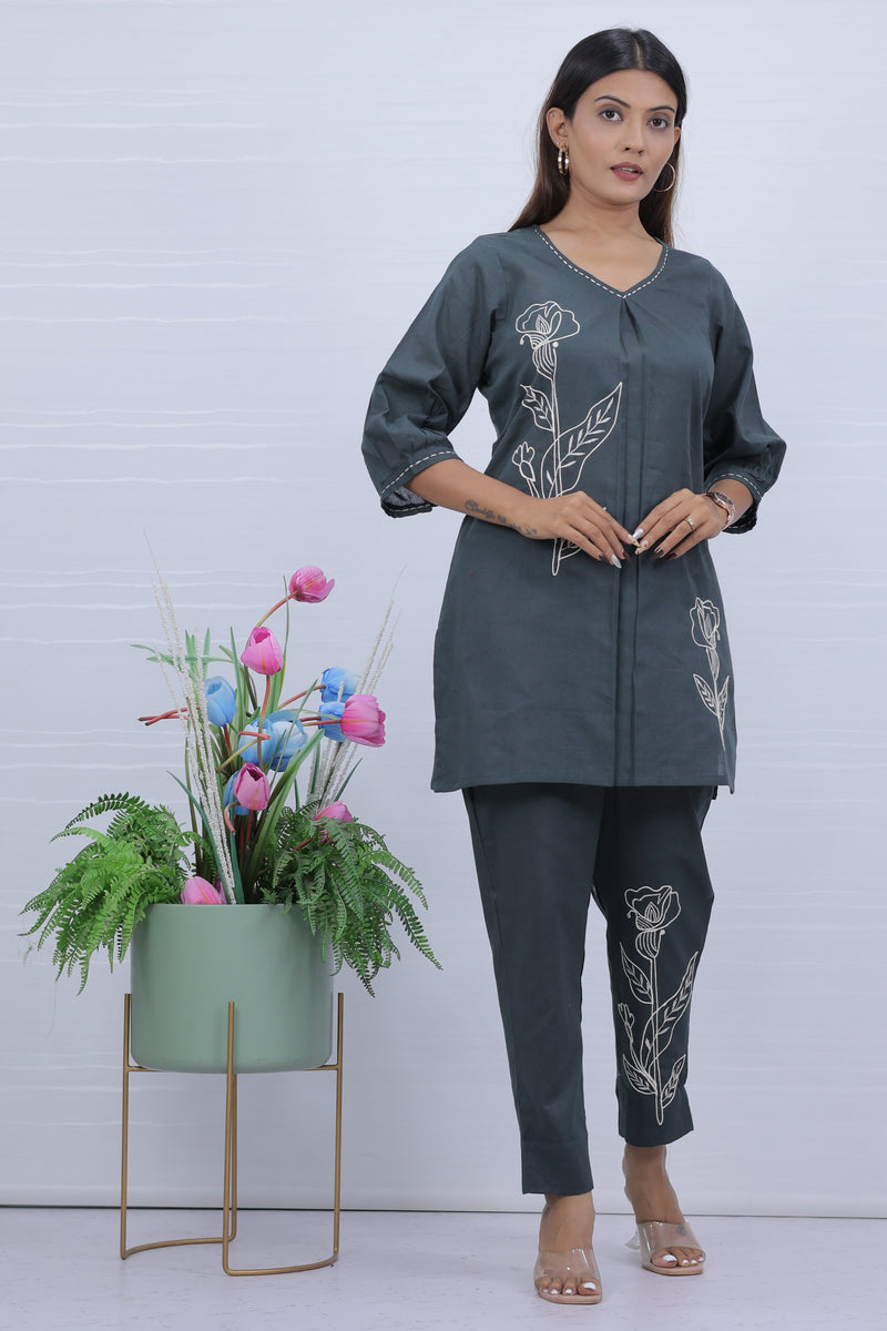 Gray Embroidered Co-ord Set