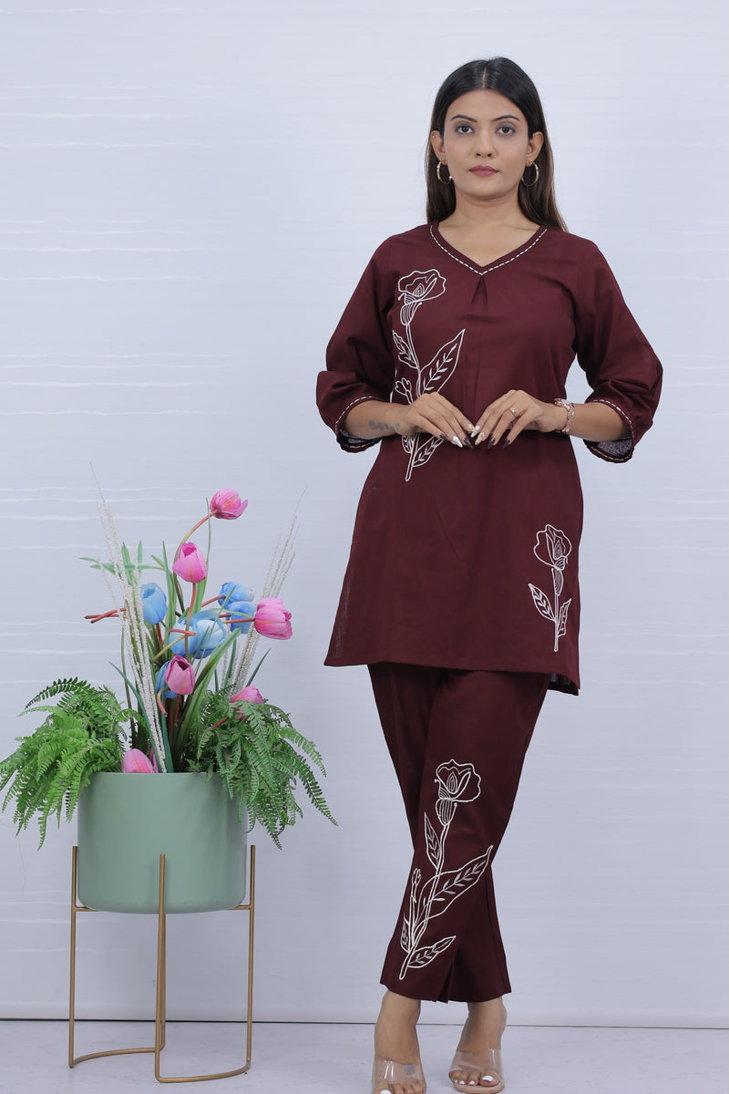 Maroon Embroidered Co-ord Set