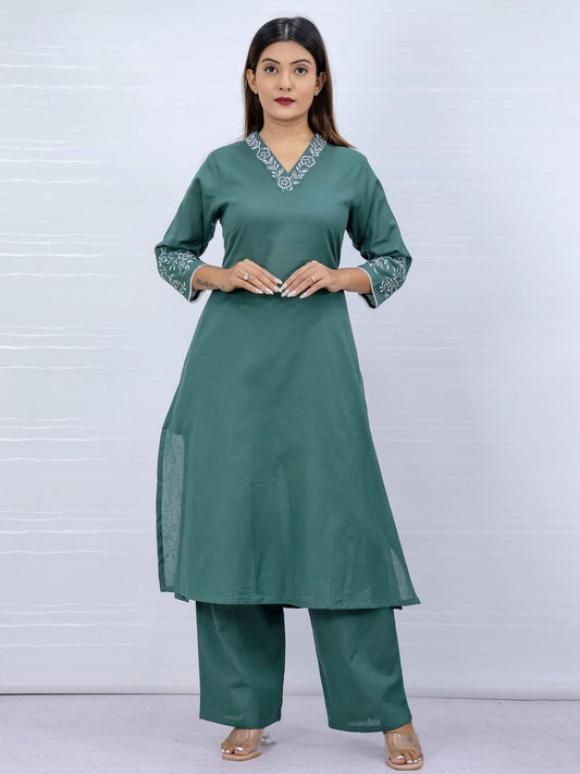 Misri Green Cotton Kurti Plazo