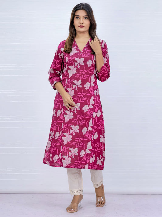 Floral Printed Pink Cotton Kurti