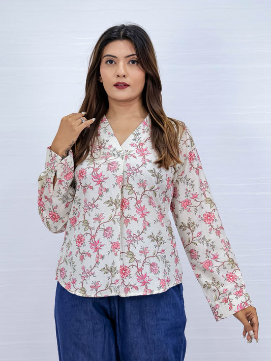 Floral Print White V-Neck Top