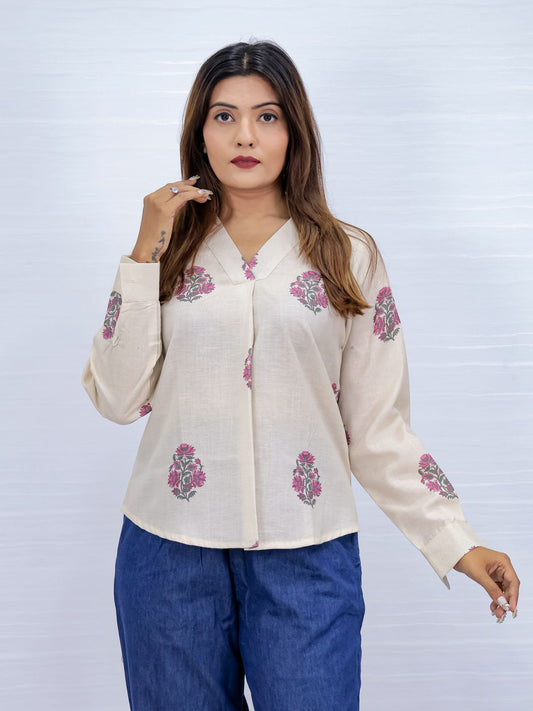 Floral Print Cream V-Neck Top