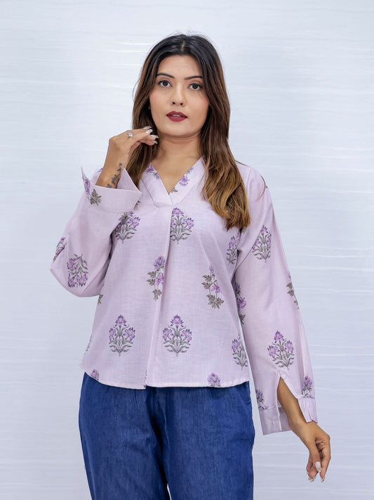 Floral Print Lavender V-Neck Top