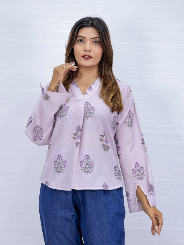 Floral Print Lavender V-Neck Top