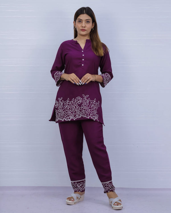 Women's Purple Embroidery Co-ord Set