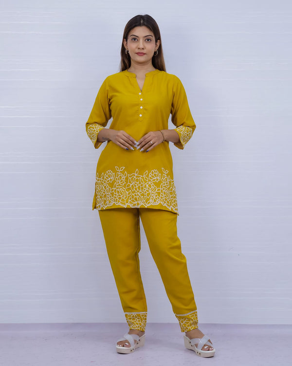 Women's Yellow Embroidery Co-ord Set
