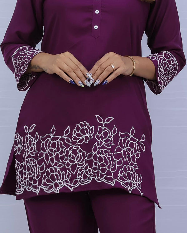 Women's Purple Embroidery Co-ord Set