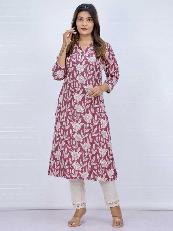 Floral Printed Maroon Cotton Kurti