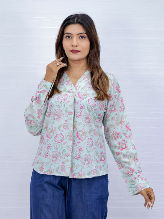 Floral Print Sky Blue V-Neck Top