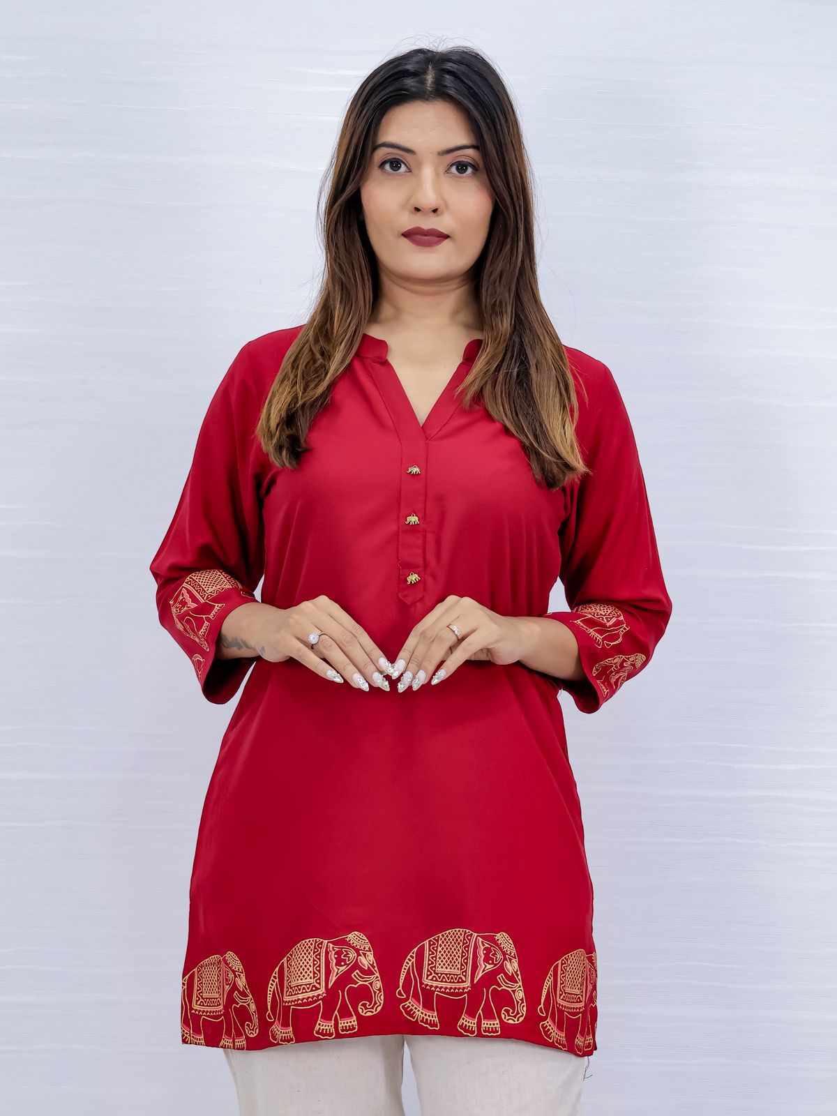 Red Vscose Rayon Short Kurti